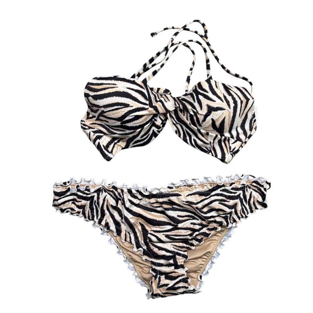 Shade & Shore Zebra Print Bikini swim bathing suit Set 36B Top Large Bottoms NEW